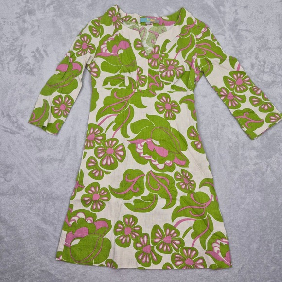 100% Linen Boden Womens 2 Floral Shift Dress Green Pink 70's Mini Sleeves Small - Picture 2 of 10